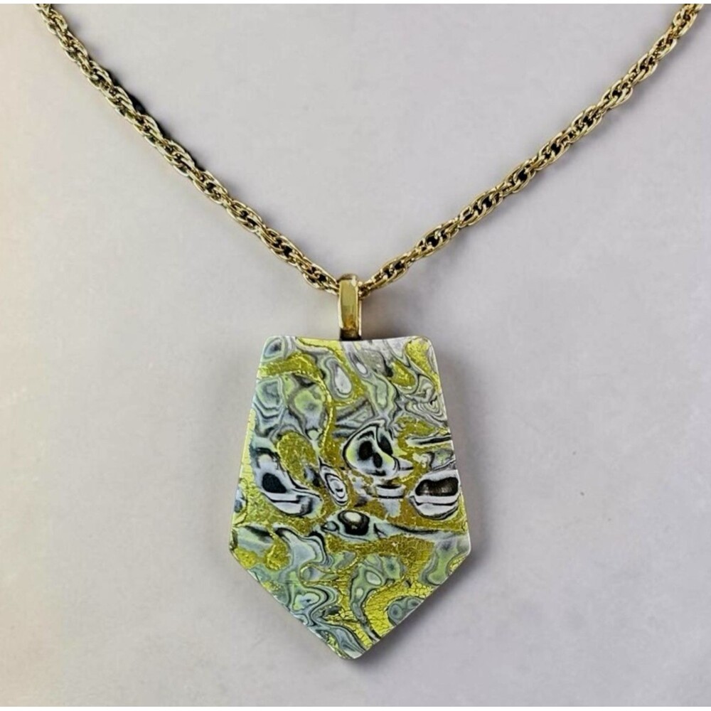 Green Black Gold Chunky Handmade Polymer Clay Large Necklace SS Gold Chain